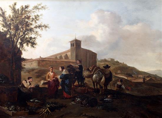 18th century Flemish School Vegetable sellers beyond the walls of a monastery 24 x 33in.